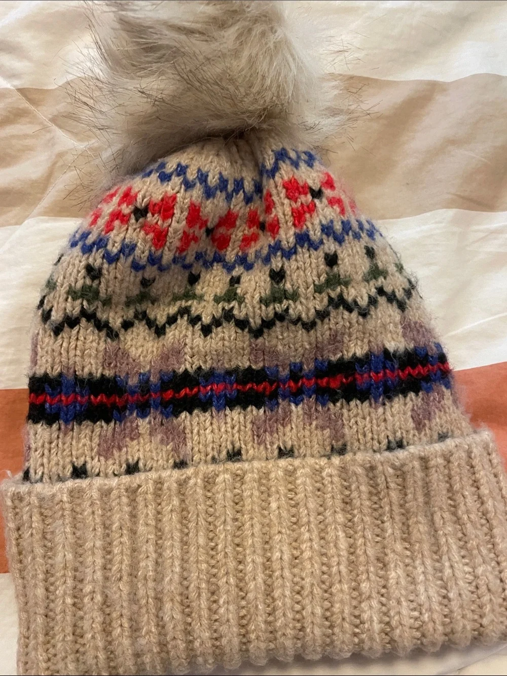 Old Navy Beige Knit Pom Pom Beanie with Multicolor Fair Isle Pattern